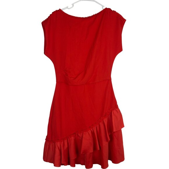 REISS Cecilia Frill-Detail Asymmetric Hem Dress Red 4 Cap Sleeves & Back Zipper - Picture 7 of 16